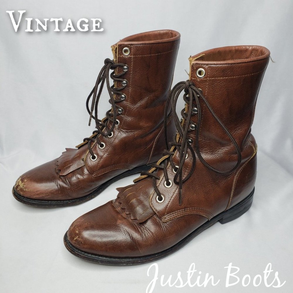 Vintage Justin Women's Sz 6.5 Combat/Moto Style Brown Leather Lace-up Boots
